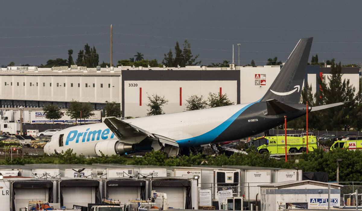 View of an Amazon cargo plane that crashed at Miami International Airport Sunday afternoon, causing a full ground stop that halted all flights on Sept. 6, 2026.